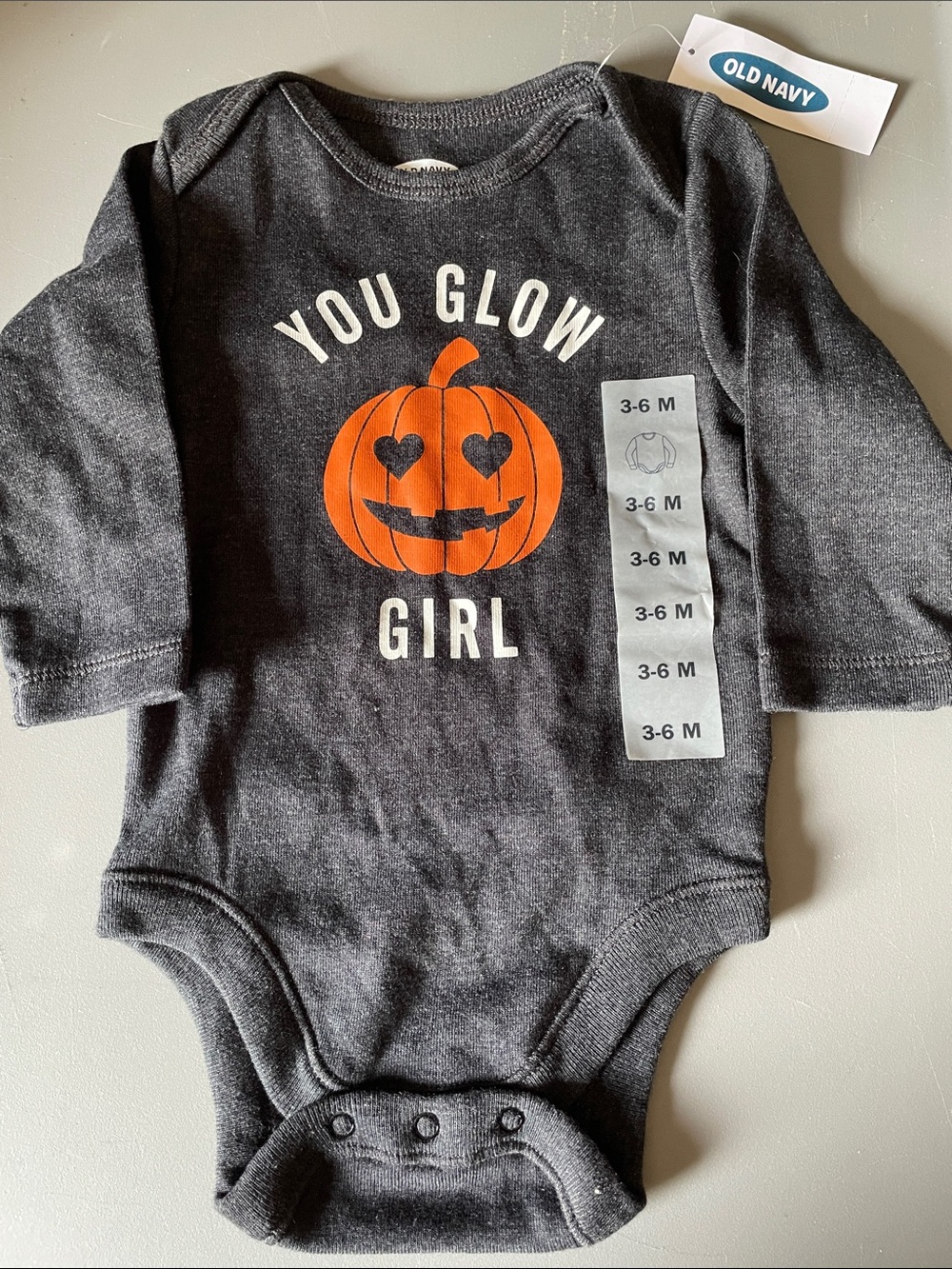 Old Navy Charcoal and Orange 'You Glow Girl' Pumpkin One-Piece 3/6mon NWT